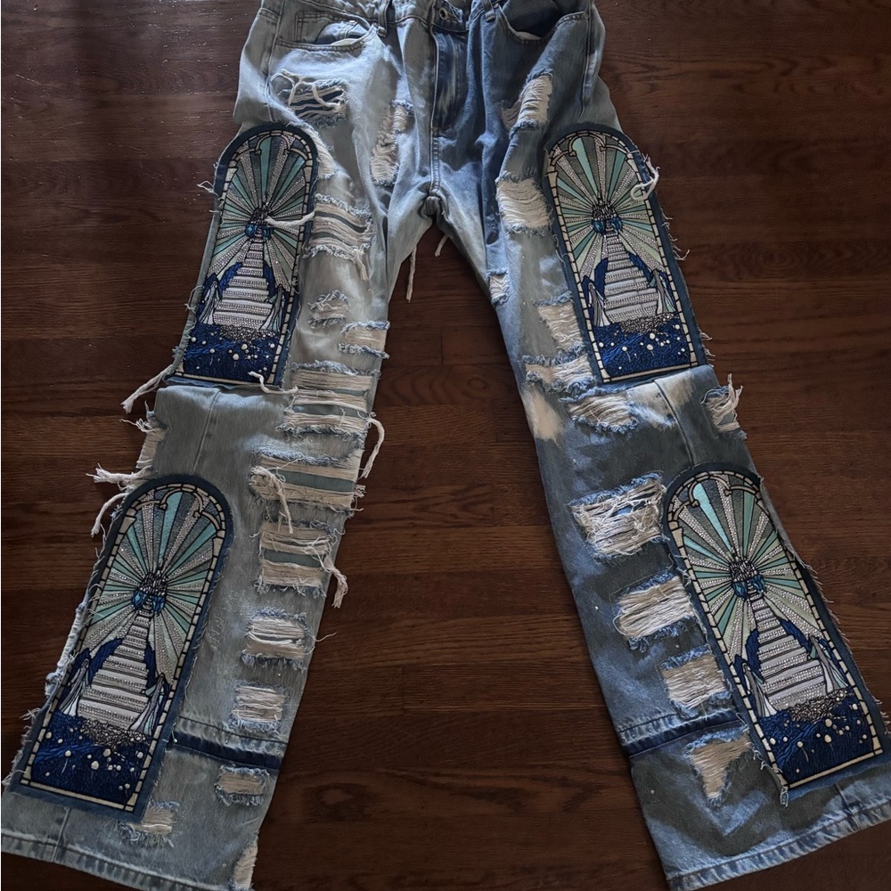 Dior Blue Relaxed Jeans with Artistic Palm Tree Design